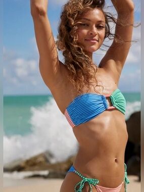 Aerie Bikini Set, Multi-stripe Bandeau Ring Top/ String Tie Cheekiest Bottoms